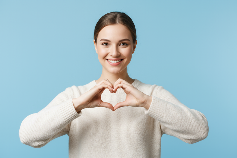 девушка показывает в камеру сердечко фон должен быть светло голубой